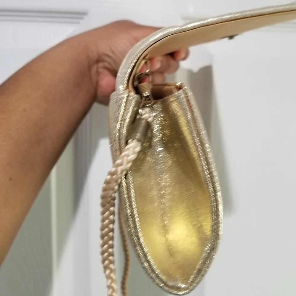 Gold & Rhinestone Fabric Pleated Fold Over Magnet Closure Clutch Removable Strap